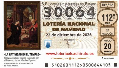 Anverso del d&eacute;cimo 30064 de la Loter&iacute;a de Navidad 2026, de Talavera de la Reina (Toledo)